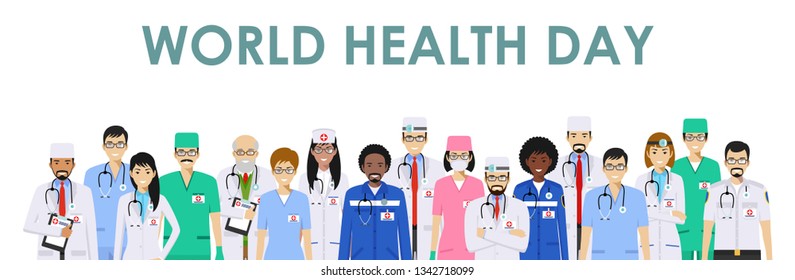 World Health Day. Medical concept. Detailed illustration of doctor and nurses in flat style isolated on white background. Practitioner doctors man and woman standing in different positions. Vector.