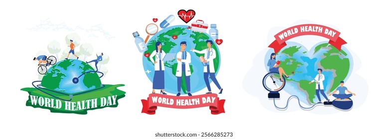 World Health Day. A medical staff group of doctors and nurses standing in front of the globe earth. Medical and Wellness Themes. Set flat vector modern illustration 