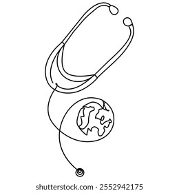 World health  day medical stethoscope  single line art, continuous one line drawing of  Isolated outline vector icon