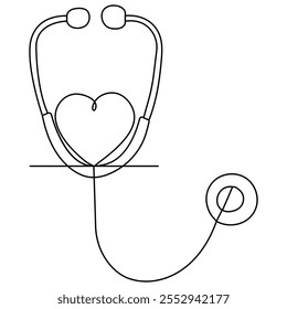 World health  day medical stethoscope  single line art, continuous one line drawing of  Isolated outline vector icon