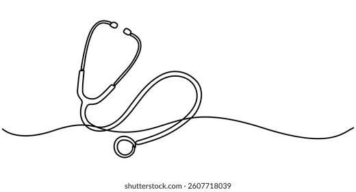 World health day medical stethoscope single line art, continuous one line drawing of Isolated outline vector icon, Single line of stethoscope vector illustration. 
