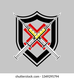World Health Day medical syringe. Absolute protection guard shield medical syringe. Safety vector badge abstract protection icon. Privacy banner medical syringe shield. Defense medic sticker shield
