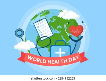 World Health Day on April 7th Illustration with Earth and HealthCare for Web Banner or Landing Page in Flat Cartoon Hand Drawn Templates