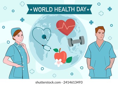 World Health Day on April 7th Illustration with Earth and HealthCare for Web Banner or Landing Page in Flat Cartoon Hand Drawn Templates.