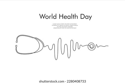 Día Mundial de la Salud. Diseño de dibujo continuo de una línea de estetoscopio