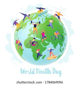 World Health Day. People are engaged in exercises, fitness and sports, surfing, snowboarding, all over the world. Planet Earth symbolizes unification of people in achieving one goal of being healthy