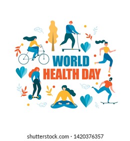 World Health Day. People Healthy Activity Vector Illustration. Cartoon Man and Woman Cycling. Skateboading, Running, Ride Bicycle Self-balancing Scooter. Meditation Yoga Sport Exersice