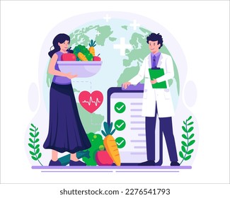 World Health Day. People are maintaining a healthy lifestyle with fruits and vegetables. Vector Illustration