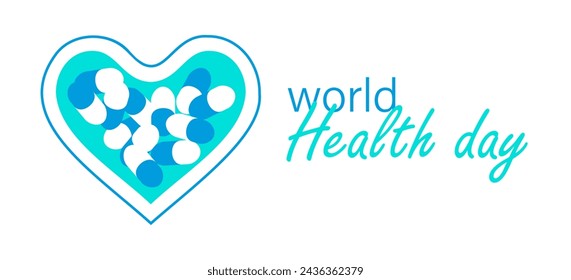 World Health Day. Pills in the heart. Card for a festive event with a box for vitamins and holiday text. Pharmaceuticals, pharmacy. Container. Flat design. Color image. Vector illustration