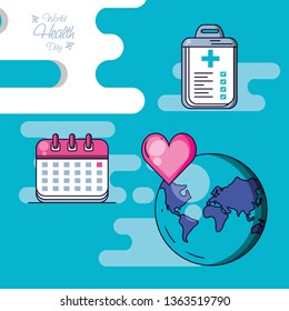 world health day with planet and set icons