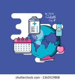 world health day with planet and set icons