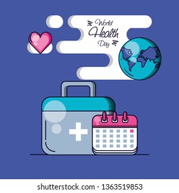 world health day with planet and set icons