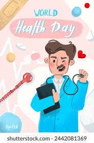 World Health Day post. Friendly and joyful doctor. Lettering text and medical items on the background.