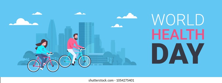 World Health Day Poster With Couple Riding Bike Over Silhouette City Background Healthcare Holiday Horizontal Banner