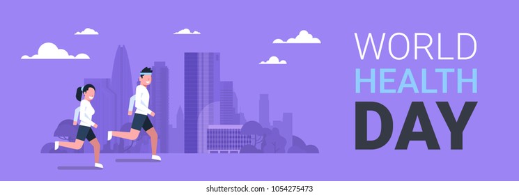 World Health Day Poster With Couple Jogging Over Silhouette City Background Healthy Holiday Horizontal Banner