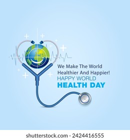 Afiche del Día Mundial de la Salud concepto creativo y antecedentes. Texto del Día Mundial de la Salud con estetoscopio médico.