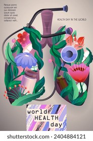 World Health Day poster. Flyer with lungs and stethoscope surrounded by green blooming flowers and medicines. International holiday of healthy lifestyle. Cartoon realistic vector illustration