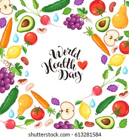 World Health Day Poster With Fresh Fruits And Vegetables Isolated On White Background. Circle Composition From Food.