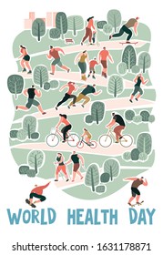 World Health Day poster. Healthy lifestyle. Young people in the park are walking, riding roller skates, bike, scooter, skateboard.