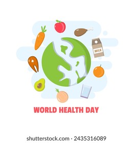 World Health Day poster with various kinds of healthy food around the earth