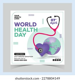 Concepto de puestos en el Día Mundial de la Salud, póster de medios sociales en la plaza de la salud del hospital,
celebración del Día Mundial de la Salud plana, diseño posterior, plantilla de la Campaña del Día Mundial de la Salud