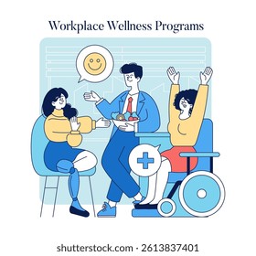 World Health Day promotes awareness about healthy living and wellness practices in the workplace. The illustration highlights a collaborative environment fostering health through initiatives and