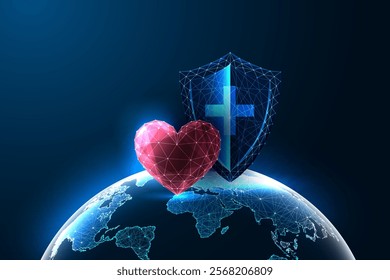 World health day protection concept featuring glowing heart and shield with cross symbol on Earth on dark blue. Medical care, safety, healthcare security. Futuristic low-poly style vector illustration