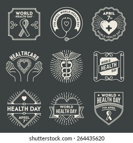 World health day. Retro design insignias logotypes set. Vector vintage elements.