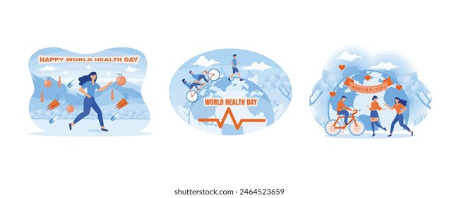 World health day with running girl. Woman doing Healthy lifestyle for world health day concept. World Health Day concept with people exercising healthy lifestyle. Set flat vector modern illustration 