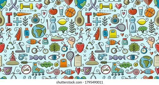 World health day. Seamless Pattern with healty lifestyle for your design. Vector illustration