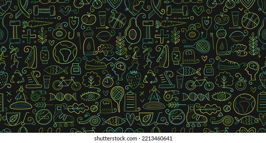 Weltgesundheitstag. Nahtlose Muster mit gesundem Lifestyle für Ihr Design. Vektorgrafik