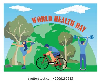 World Health Day showcasing individuals engaging in outdoor fitness activities, promoting a healthy lifestyle. Features cycling, stretching, weightlifting, and a natural environment with greenery and 