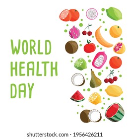 World health day square poster template with collection of fresh organic fruit. Colorful hand drawn illustration on white background. Vegetarian and vegan food. 