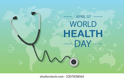 World health Day. Stethoscope with text. Health care, diagnosis and treatment. International holiday and festival April 07. Clinic and hospital. Poster or banner. Cartoon flat vector illustration