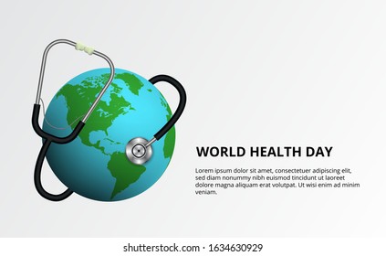 world health day. Stethoscope wrapped the globe illustration. Save the world. Global health care and medical