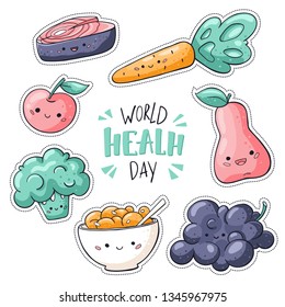 World health day stickers pack. Healthy food stickers collection in doodle style: salmon, muesli, granola, grapes, broccoli, carrots, apple, pear. Hand drawn illustration. World health day sign.