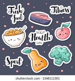 World health day stickers pack. World health day lettering. Fresh food, fitness, sport hand drawn signs. Healthy food stickers collection in doodle style: salmon, muesli, granola, broccoli, pear. 