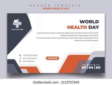 World Health Day template for social media banner with white, dark gray and orange color in landscape background with simple shape design. Good template for online advertisement design.