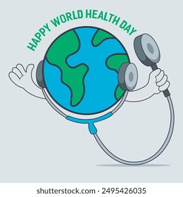 World Health Day themed vector illustration with character holding stethoscope