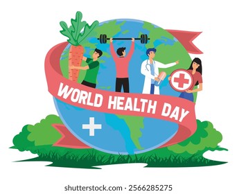 World Health Day themes with characters encouraging health awareness, fitness, and proper nutrition on a green Earth background. Flat vector modern illustration