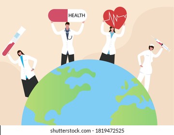 World health day vector concept: Doctors and nurse holding medical equipment while standing on the globe 