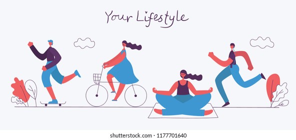 World Health Day. Vector Illustration Of Healthy Lifestyle. Roller Skate, Running, Bicycle, Walking And Yoga Sport Design Elements In Flat Style