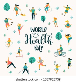 World Health Day. Vector illustration of people leading an active healthy lifestyle. Design element.