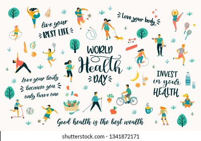 Día Mundial de la Salud. Ilustración vectorial con personas que llevan un estilo de vida activo saludable y cotizaciones. Elemento de diseño.