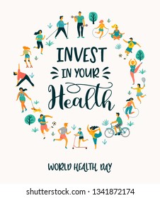 World Health Day. Vector illustration of people leading an active healthy lifestyle. Design element.