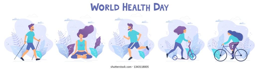 World health day vector illustration. Healthy lifestyle concept. Different physical activities.