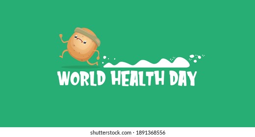 World health day vector illustration with cartoon funky potato character running or jogging outdoor. Cute sporty healthy vegetable character making cardio sport exercise. Fitness cardio concept