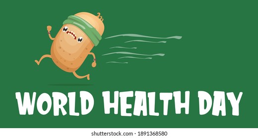 World health day vector illustration with cartoon funky potato character running or jogging outdoor. Cute sporty healthy vegetable character making cardio sport exercise. Fitness cardio concept