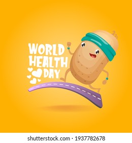 World health day vector illustration with cartoon funky potato character running or jogging outdoor. Cute sporty healthy vegetable character making cardio sport exercise. Fitness cardio concept