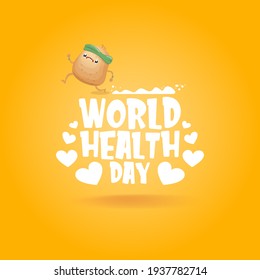 World health day vector illustration with cartoon funky potato character running or jogging outdoor. Cute sporty healthy vegetable character making cardio sport exercise. Fitness cardio concept